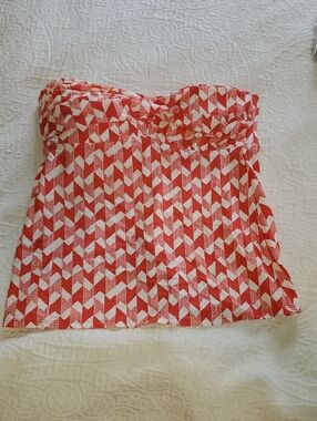 Coral and White Geometric Bandeau Swim Top